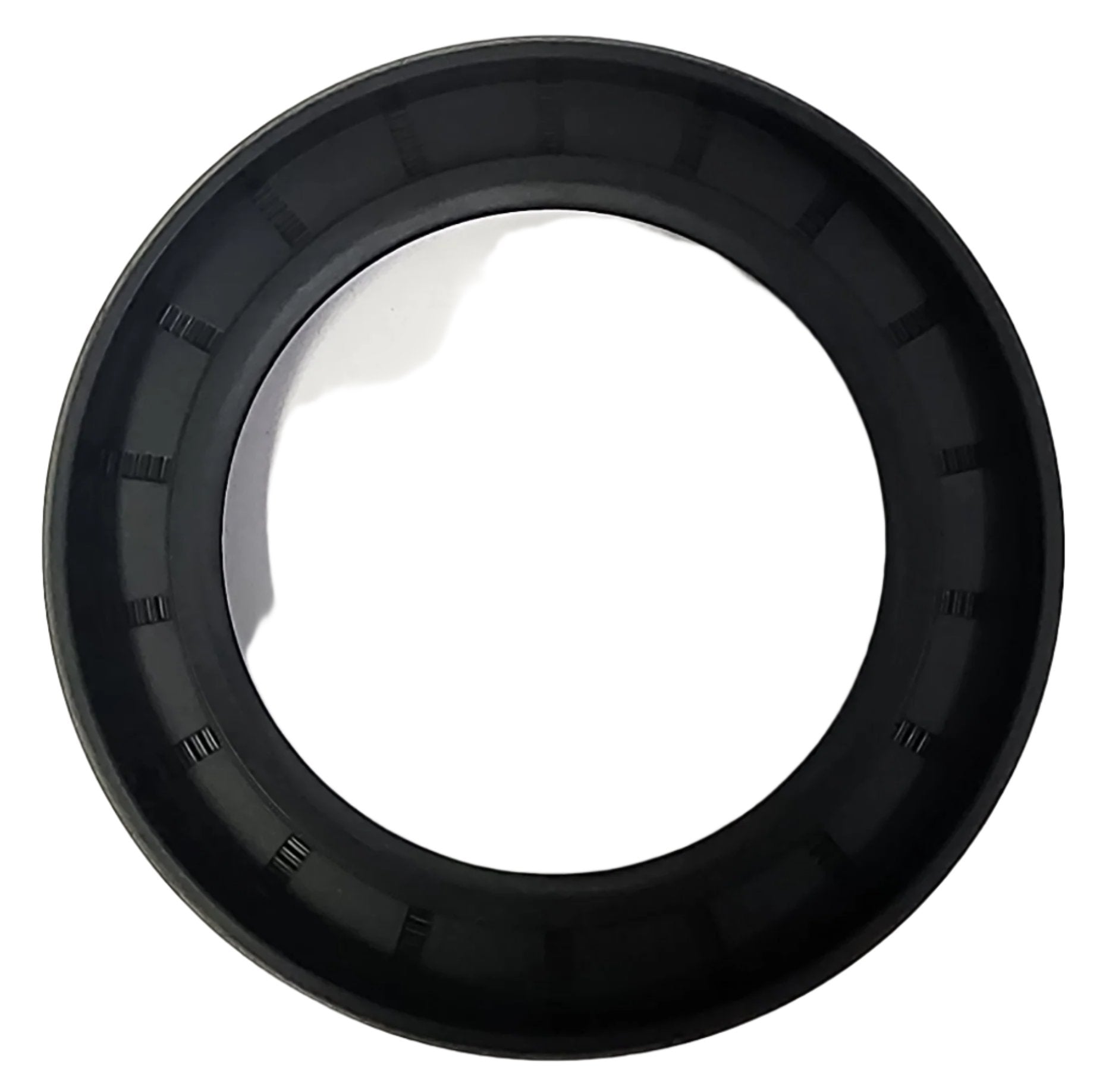 A black, round rubber gasket with a smooth surface and a small lip around the inner edge, resembling a Scintex Flail Mower Shaft Seal, set against a plain white background.