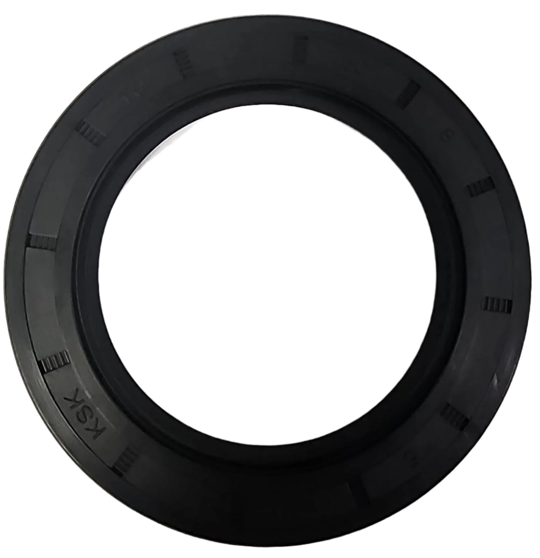 A close-up of a black rubber seal with engraved measurements and the letters KSK on the outer edge, set against a plain white background. This Scintex Flail Mower Shaft Seal features a smooth, circular design with a slightly raised outer rim.