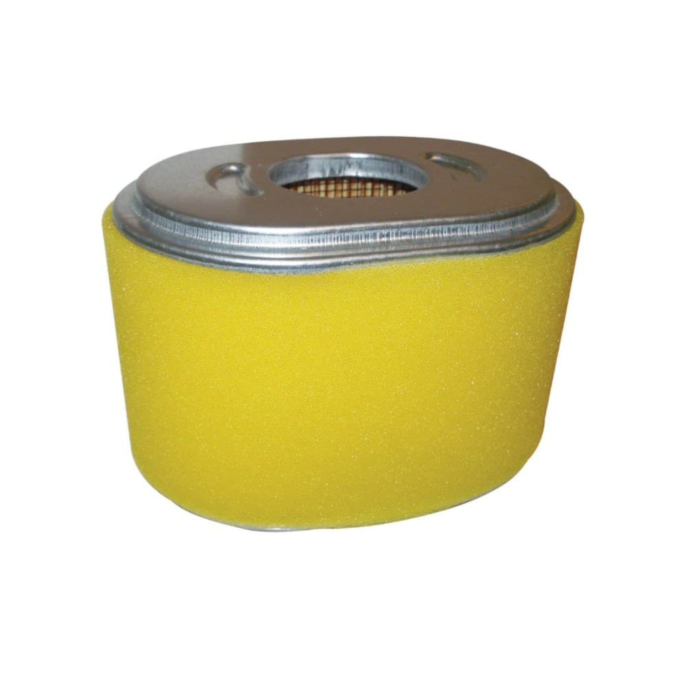 Petrol Engine Air Filters by Scintex feature a yellow foam design with a metal top and circular opening, perfect for small engine spare parts, particularly for the Honda GX series. Its rounded shape reveals a visible mesh inside the top opening, all set against a plain white background.