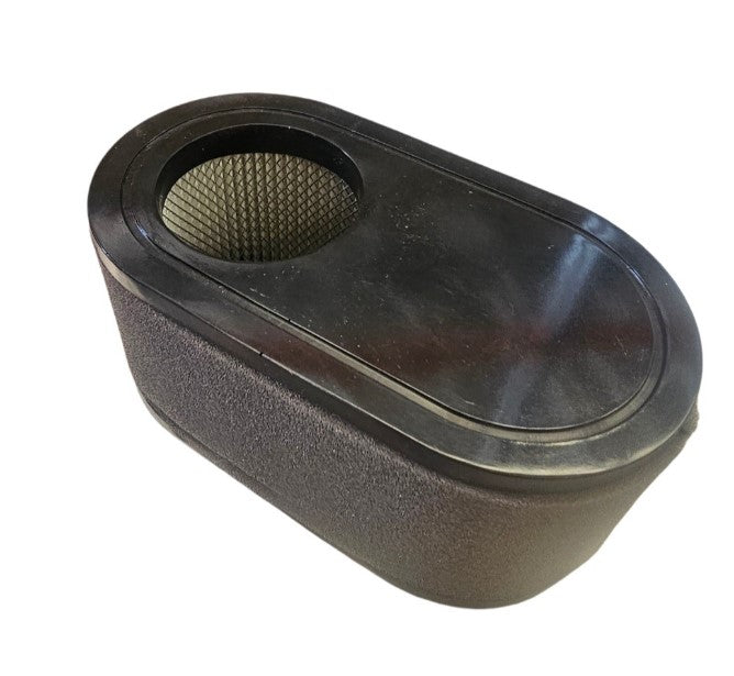 This image showcases the Paddock RC Mower Air Filter, an ideal black, oval-shaped filter for automotive or machinery use like the SPRC1000. It features a mesh interior with a smooth top and textured outer shell, ensuring optimal performance.