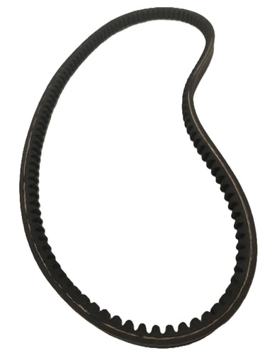 A Scintex black toothed drive belt for a Tow Behind Flail Mower is elegantly displayed in a loop shape against a pristine white background.