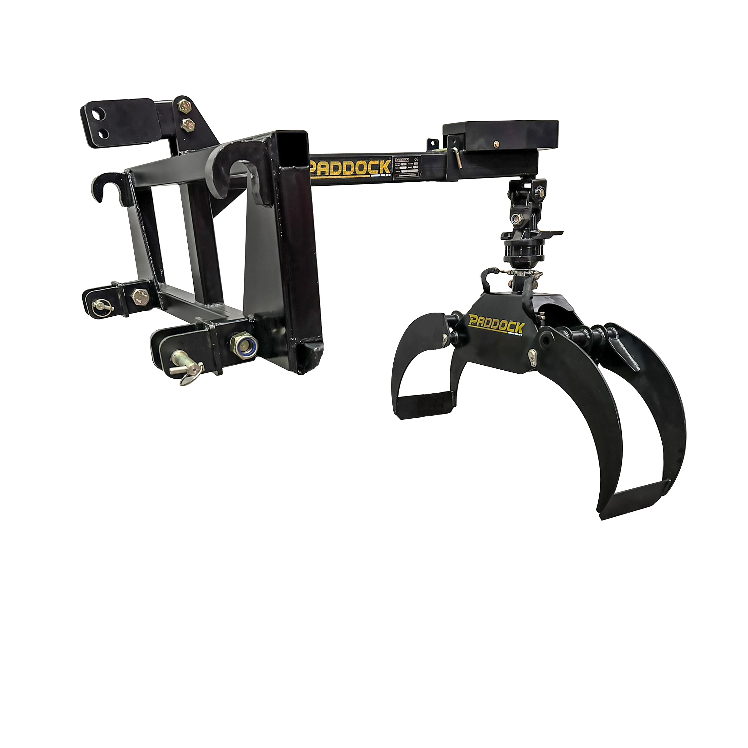 A mechanical grapple attachment with sturdy metal claws, ideal for a tractor log grapple system. Designed to be mounted on heavy equipment, it boasts a sleek black finish with the brand name Scintex prominently displayed in yellow. Its robust frame includes a hydraulic pivot for increased maneuverability.