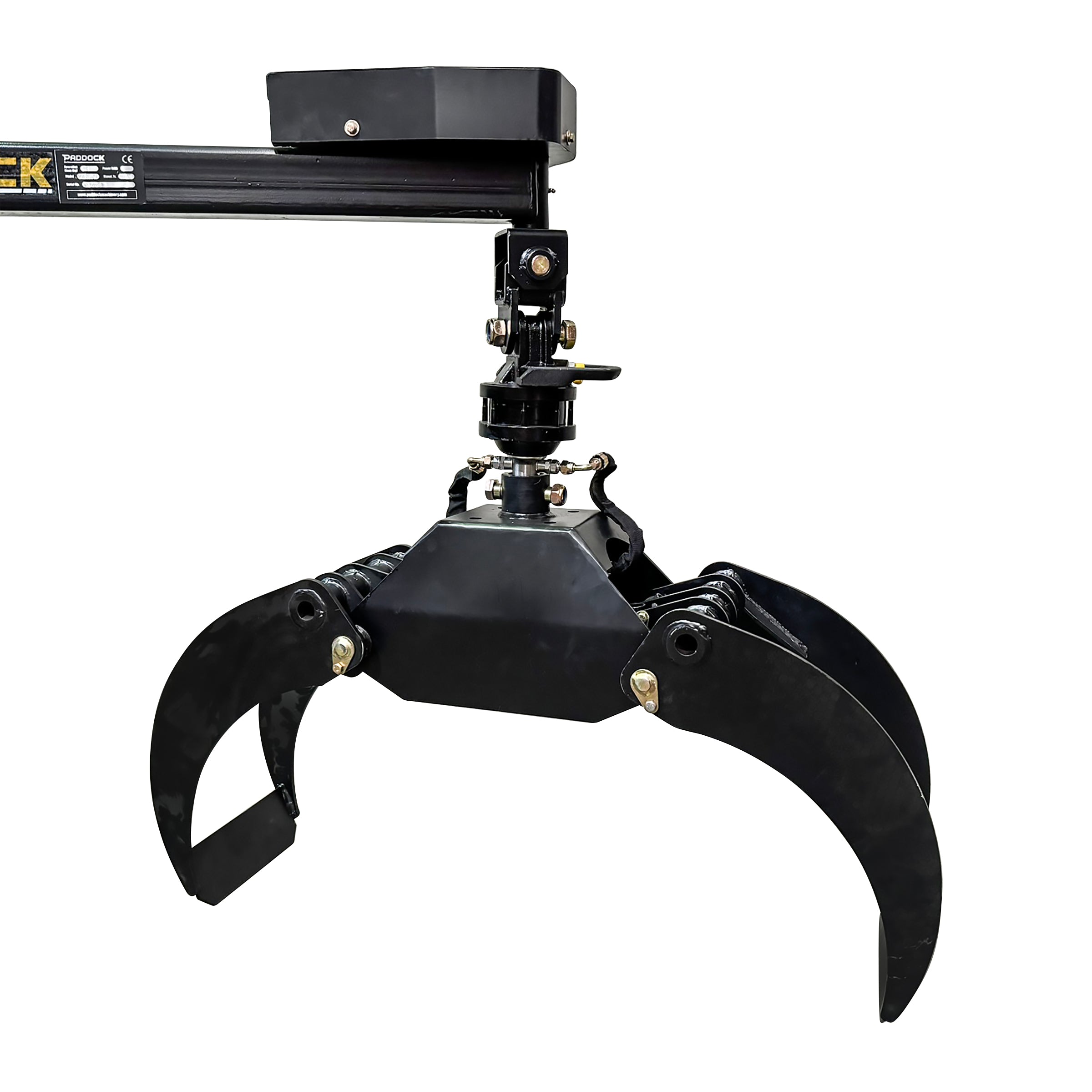 A robust Scintex Tractor Log Grapple, equipped with two curved claws and a hydraulic pivot mounted on a rotatable joint, is designed for lifting and moving large materials. The industrial grapple attachment is showcased against a plain white background.