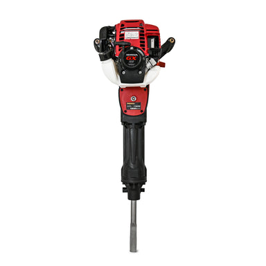 A red and black Paddock Motorised Jackhammer from Paddock Machinery, featuring the Honda GX Series logo, is designed for heavy-duty tasks. It includes handles on both sides for grip and a pointed chisel at the bottom for breaking hard surfaces.