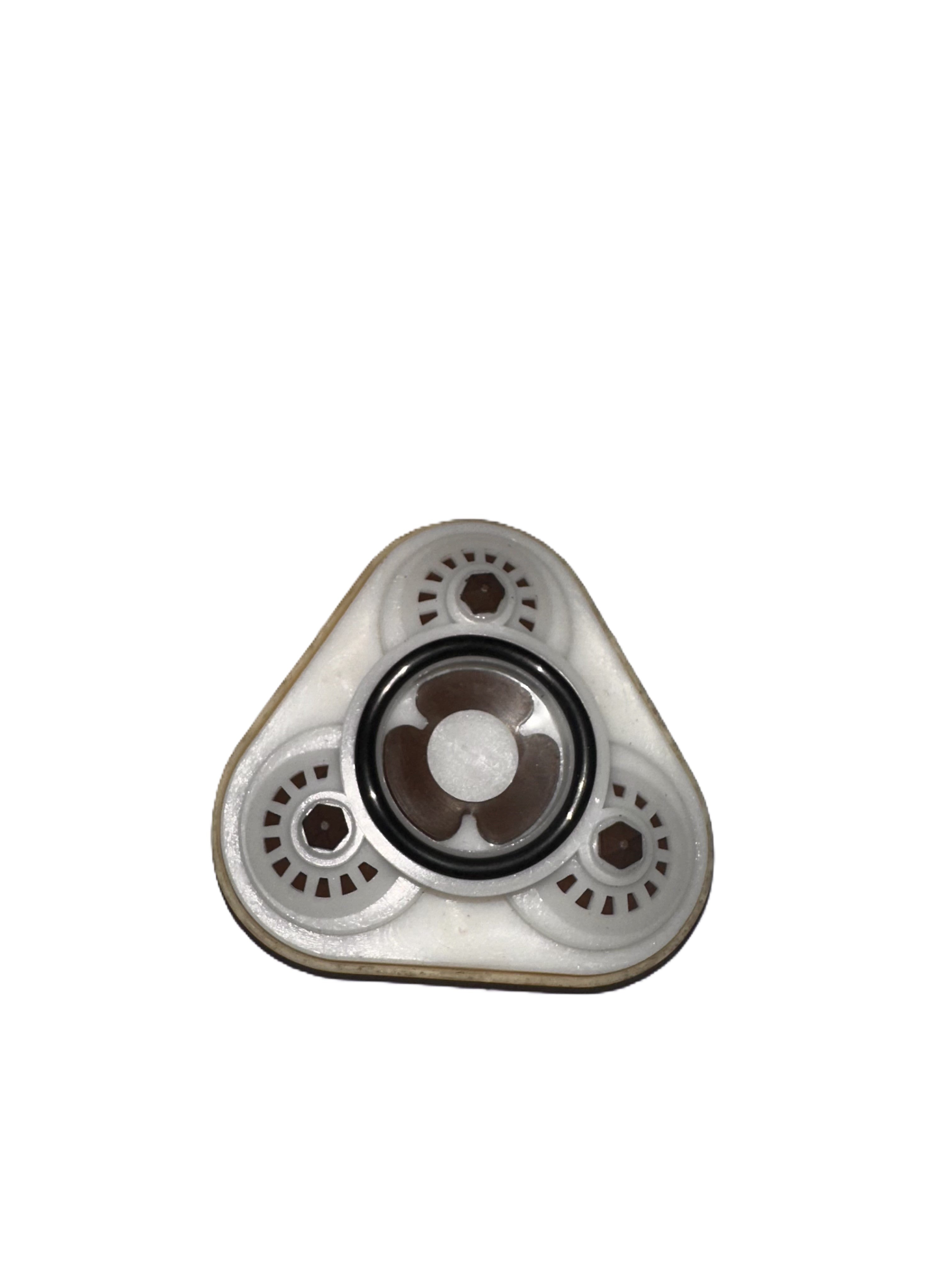 A close-up of a white triangular fidget spinner, featuring a central silver bearing and three circular outer bearings, mirrors the precision of the Scintex Water Pump Diaphragm Kit. The spinner is set against a plain white background.