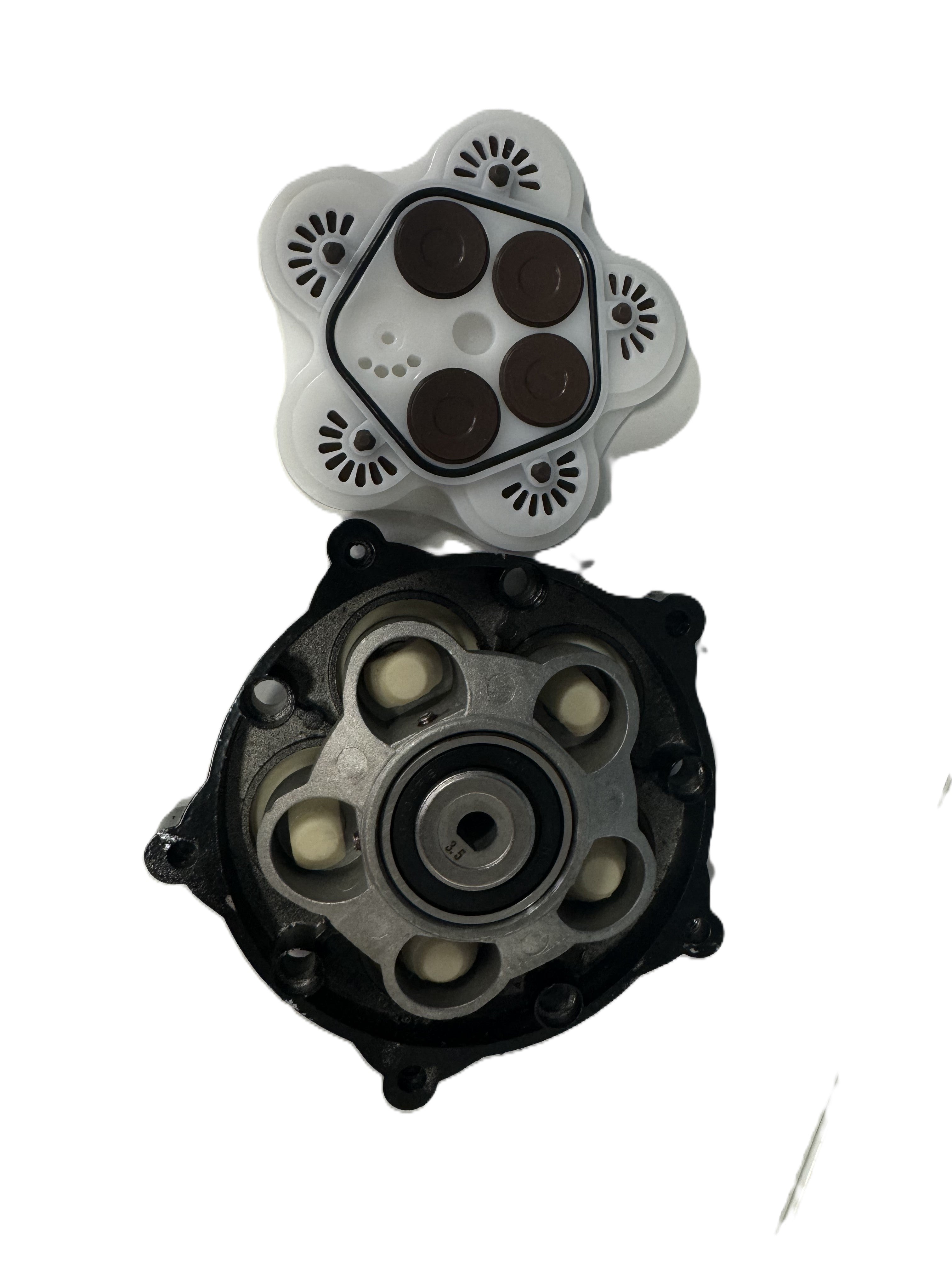 A Scintex Water Pump Diaphragm Kit that includes a circular assembly composed of multiple parts, with a central gear-like structure and several sections in white and dark brown arranged in a star pattern.