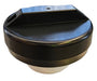 A lockable, round black plastic lid with a flat rectangular handle on top, viewed from a slight angle. This Diesel Loader Tank Cap from Paddock features a smooth surface with a glossy finish and reveals its white underside along the edge as part of the Genuine Paddock spare parts collection.