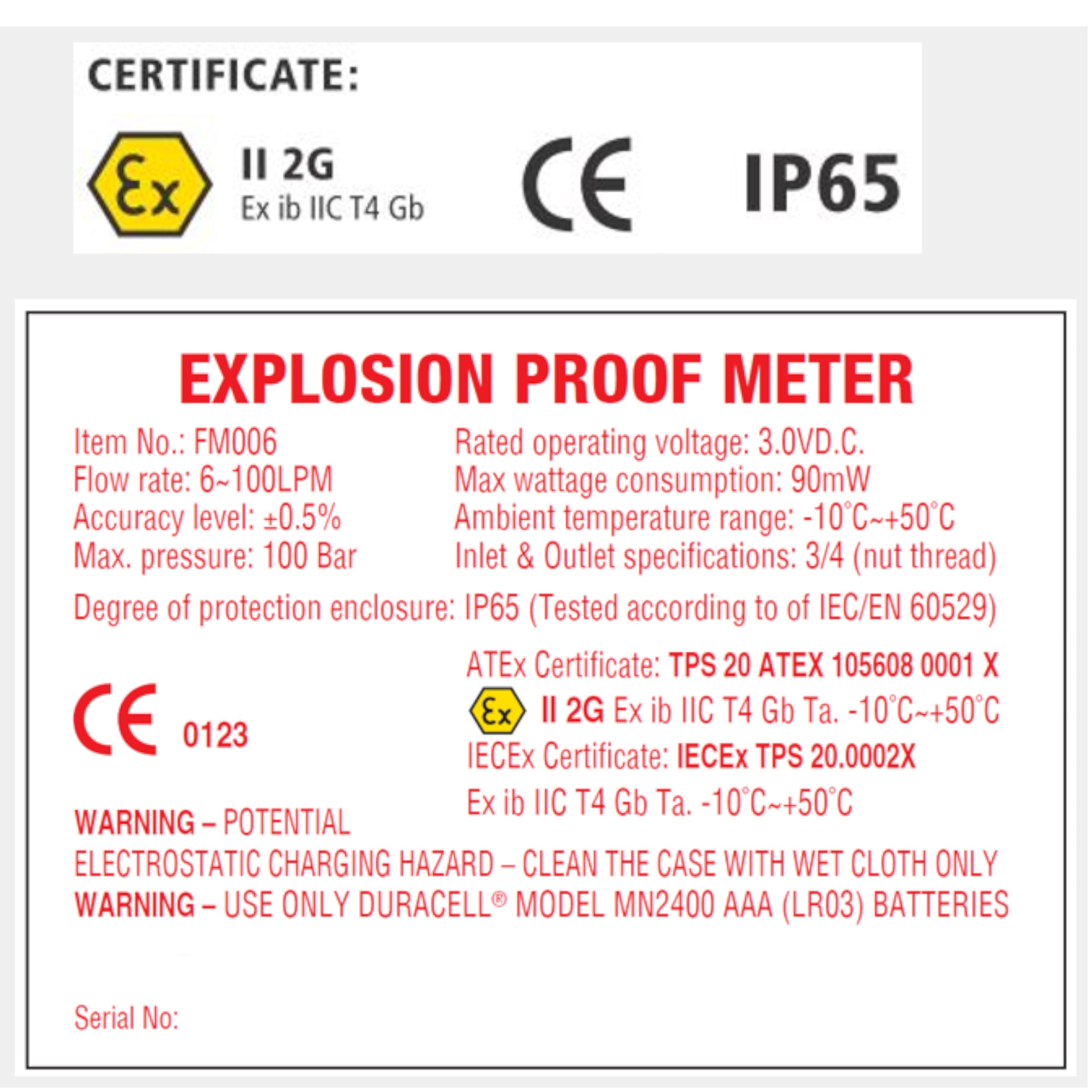 Flow meter explosion proof certificate