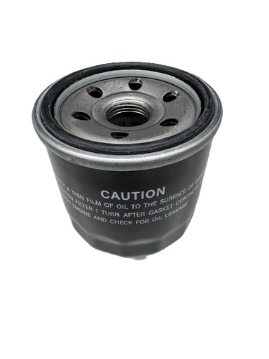 Close-up of a Paddock Loncin Oil Filter, featuring a black body with a metal top, tailored for the 24HP Paddock RC Mower. The filter includes multiple holes and has cautionary text along the side providing clear installation instructions. It is set against a crisp white background.