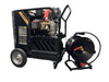 Image of the Paddock Hot Water Pressure Washer featuring a robust design with a large engine, hose reel on wheels, and a metallic frame. This sturdy machine offers 3600 PSI pressure and has visible controls, making it ideal for heavy-duty cleaning tasks in paddock environments.