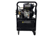 The Paddock Hot Water Pressure Washer, featuring a diesel engine, is mounted on a robust black metal frame with wheels for easy mobility. It delivers powerful cleaning at 3600 PSI and includes visible gauges and mechanical components, making it perfect for handling any paddock task.