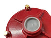 Close-up of a Scintex Pump Wet End, showcasing its red structure with a central circular opening and three protruding sections. The glossy surface highlights three visible brass bolts.