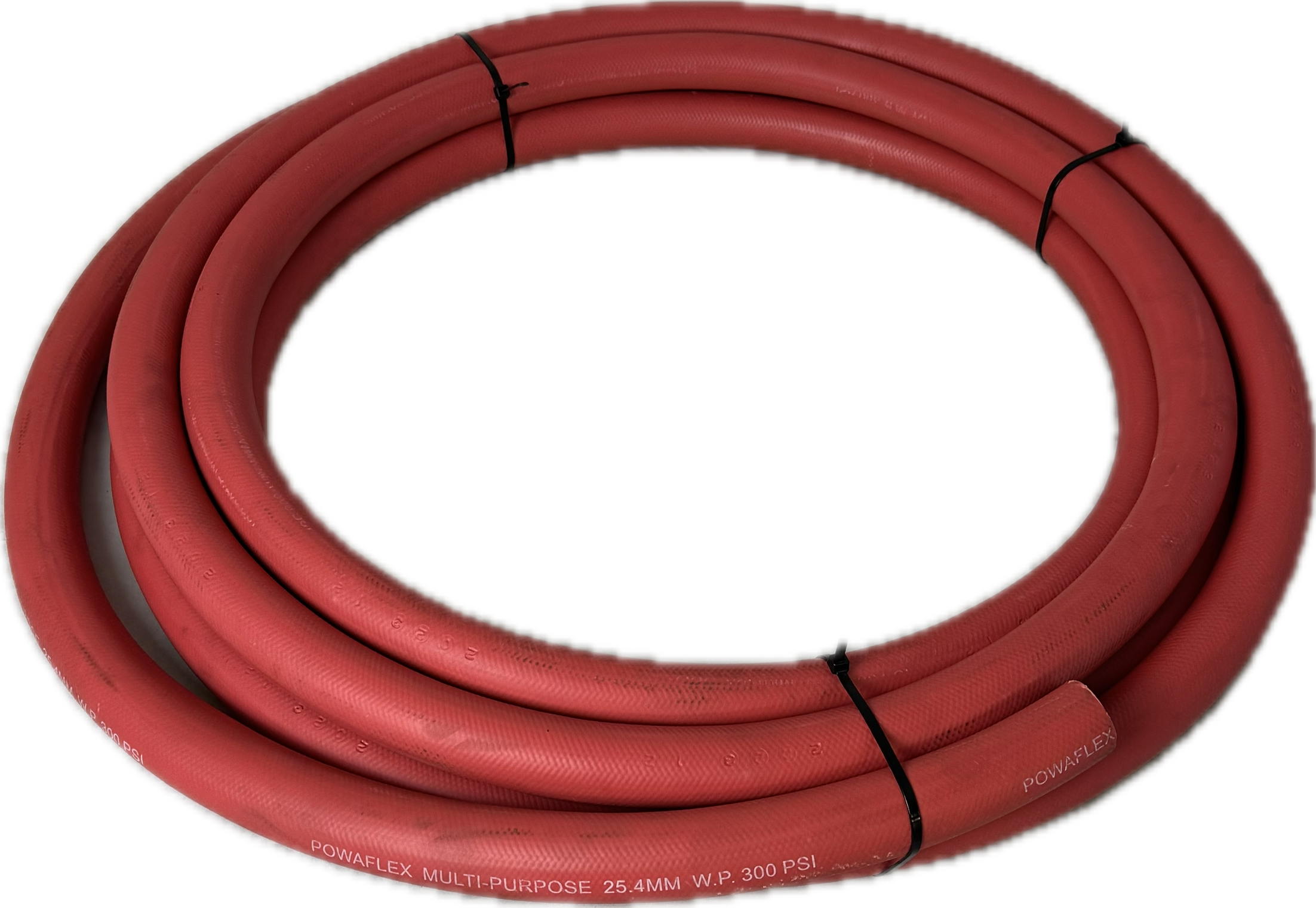 A coiled red rubber hose with black ties, labeled Scintex Pump Discharge Hose 1" W.P. 300 PSI along its length, perfect for multi-purpose use.